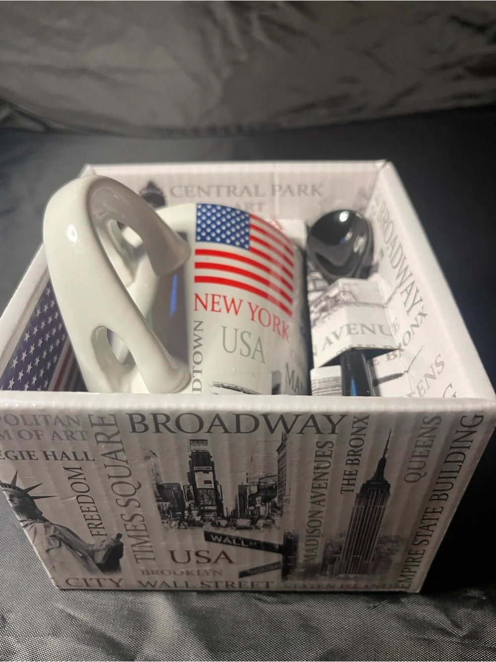 New York USA Flag Ceramic Coffee Mug with Black Spoon